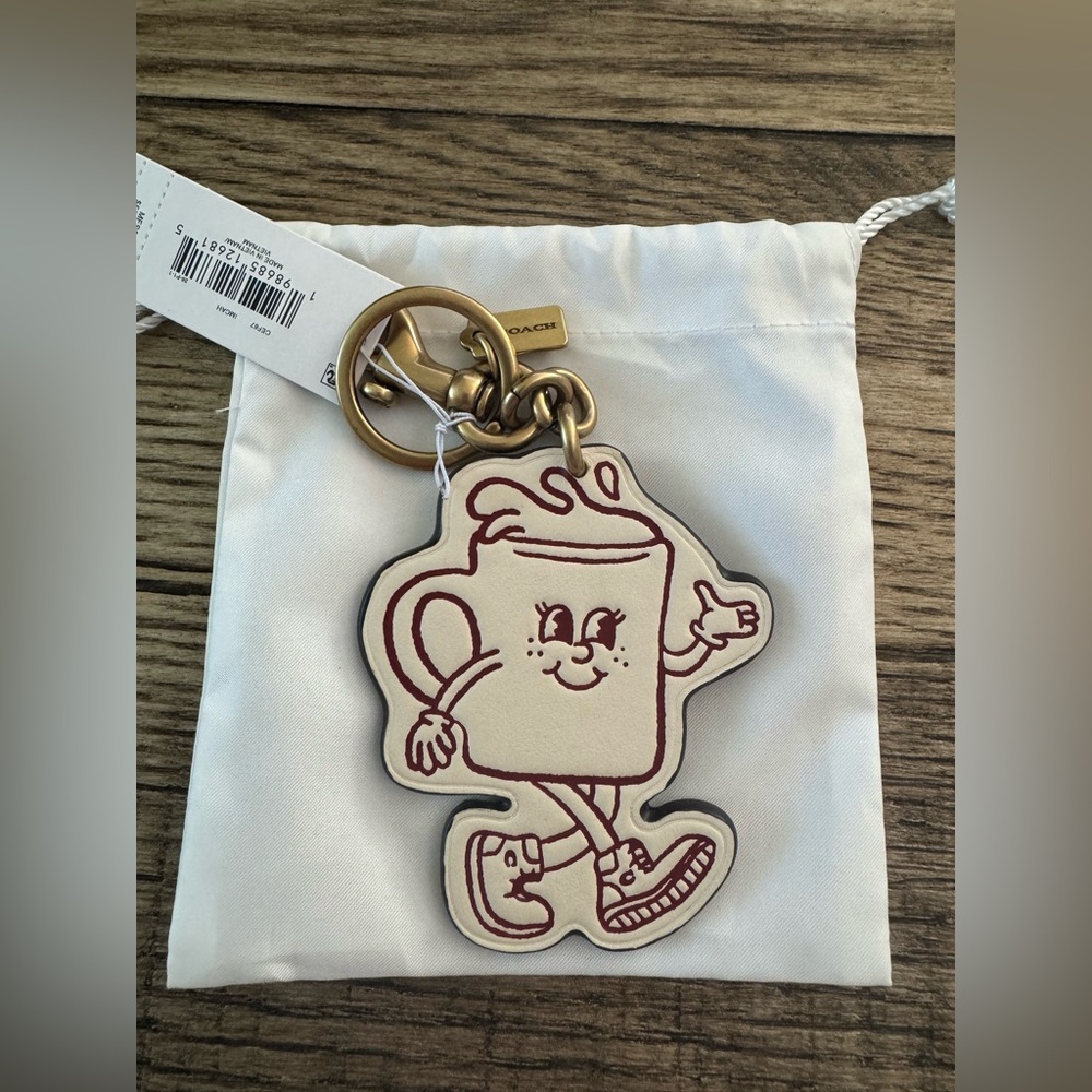 NWT Coach Coffee Shops Lil Miss Jo Leather Bag Charm Keychain Chalk Brass